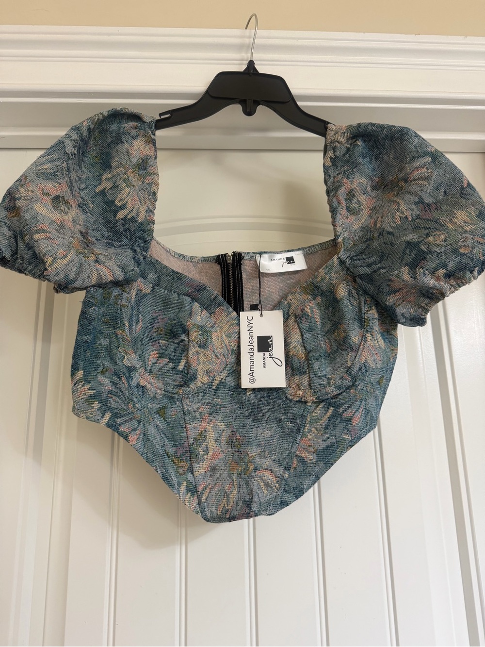 Amanda Jean Teal Floral Puff-Sleeve Crop Top